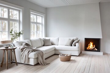 Photographed a modern residential living room designed with a combination of mid-century modern interiors and Scandinavian interiors. Generative AI

