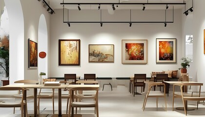 room Design a creative coffee cafe that doubles as an art gallery, with rotating exhibits from local artists. Use modern furniture, clean white walls, and spotlights to highlight the artwork