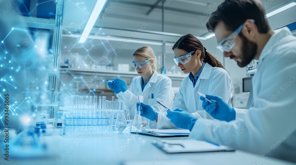 Poster three scientists working in a laboratory with chemical structures visualized