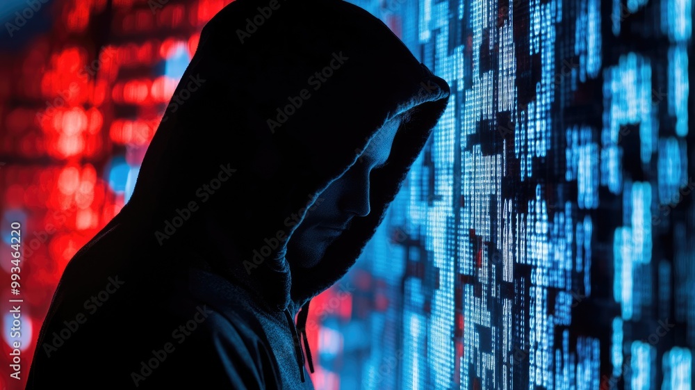 Poster hooded figure stand against background with glowing binary code, symbolizing cybersecurity threats m