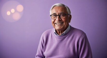 Fototapeta premium Cheerful elderly Hispanic man with glasses wearing sweater on plain lavender background