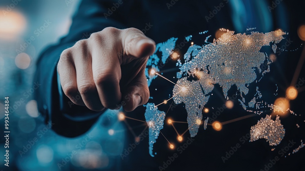 Poster hand pointing at world map on digital interface, symbolizing global connections