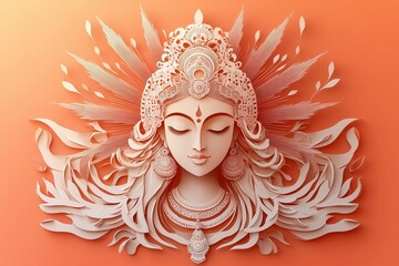 Durga Maa Navratri Banner in Layered Paper Cutting Style with Radiating Sunburst and Divine Power