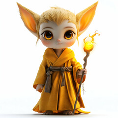 A cute, cartoon-style, fantasy creature with big eyes and long ears, wearing a yellow robe and holding a glowing staff.