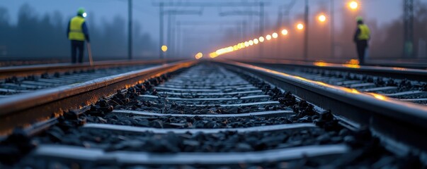 Obraz premium Workers inspecting railway tracks during a foggy evening with glowing lights in the background.