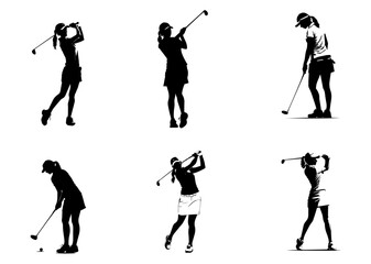 woman playing golf in various poses isolated vector silhouette on white background