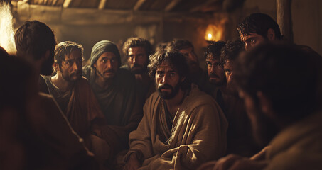 Fototapeta premium roup of Jesus' followers huddling together in a room, uncertain and anxious expressions, ancient garments.