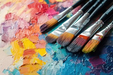 Obraz premium Paint brushes resting on colorful canvas with thick oil paint