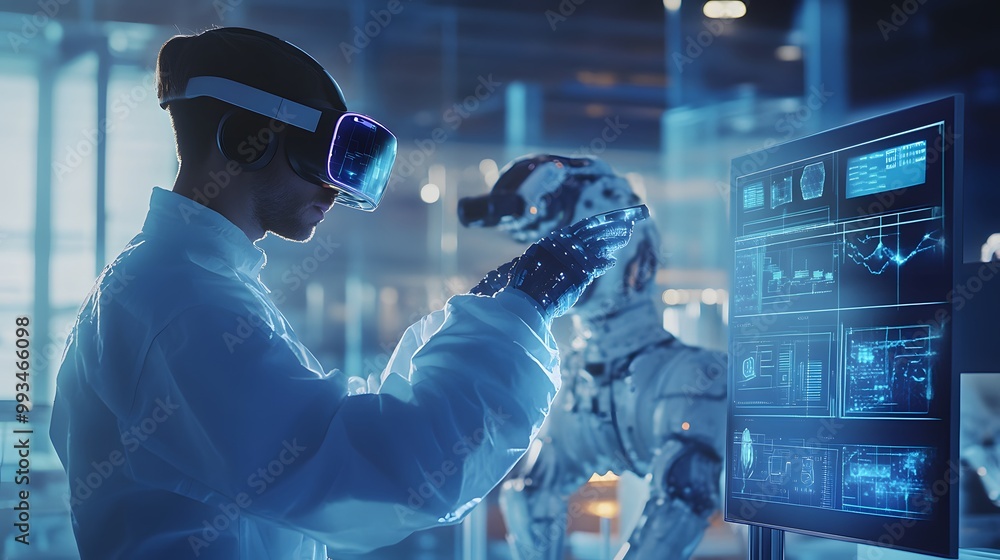Aufkleber a scientist wearing a vr headset interacts with a robot and digital interface