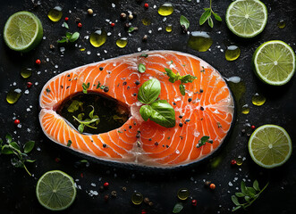 fresh salmon with lime, oil and spices on a dark background