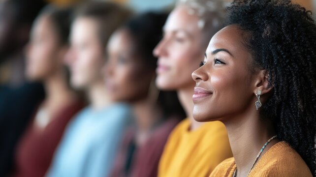 Diverse group of people looking attentively, mostly women