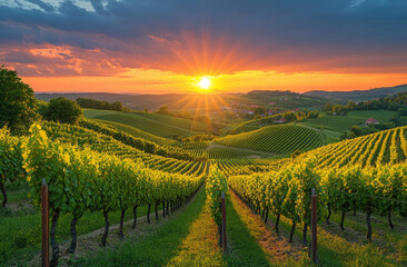 Naklejka premium A vineyard at sunset with a beautiful summer view. Grape ridges against the sky.