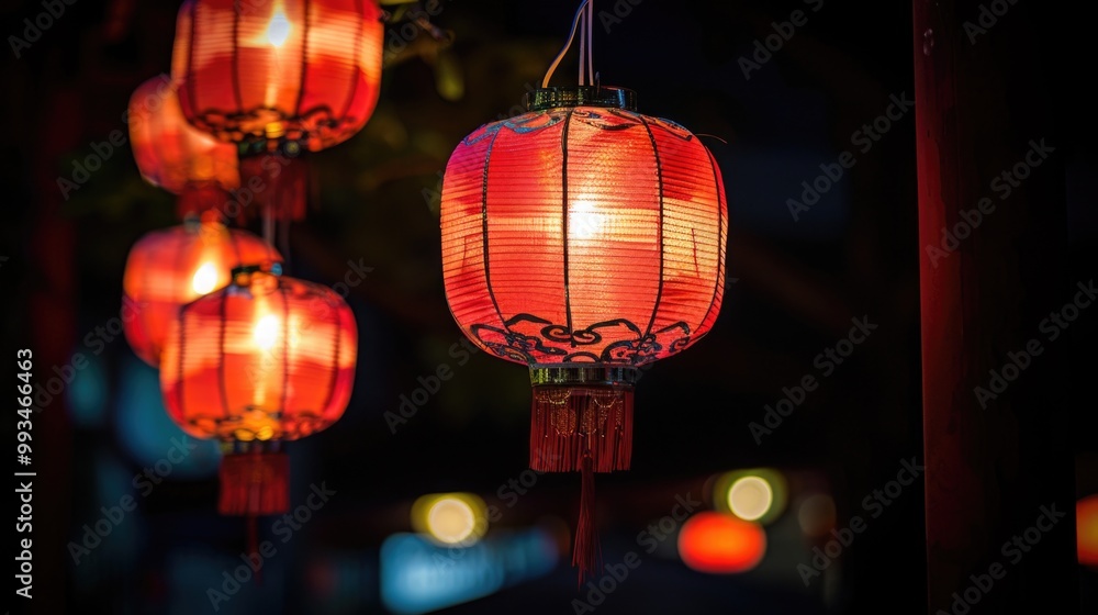 Poster a cluster of bright red lanterns suspended from the branches of a tree, illuminated in the evening l