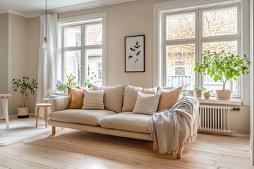 Fototapeta premium A modern living room with a soft white tone finish. A living room photo of a combination of Scandinavian interiors and mid-century modern interiors with comfortable sofas. Generative AI 