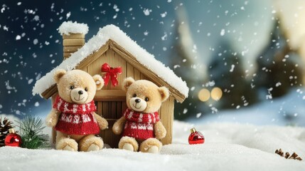 Adorable bears in festive scarves, celebrating Christmas in front of a cozy wooden house in a snowy countryside.