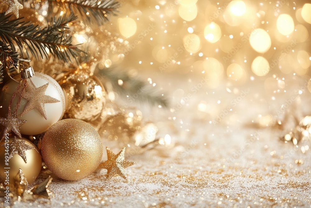 Wall mural christmas background with golden ornaments and fir tree branches on a shiny glitter background
