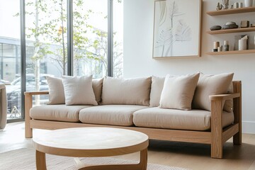 Photograph of a combination of modern Scandinavian interiors and mid-century modern interiors in a living room with a comfortable sofa. Generative AI
