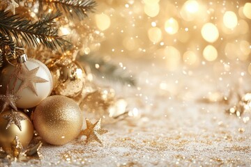 Christmas background with golden ornaments and fir tree branches on a shiny glitter background