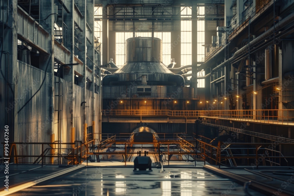 Poster a large industrial building complex with many windows and modern architecture