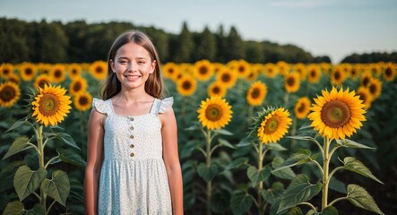 Cheerful young Caucasian girl wearing a sundress in a sunflower field