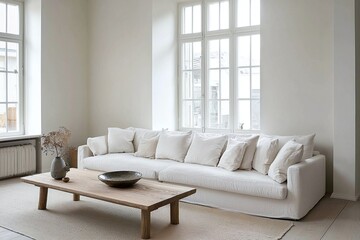 Fototapeta premium Photograph of a combination of modern Scandinavian interiors and mid-century modern interiors in a living room with a comfortable sofa. Generative AI 
