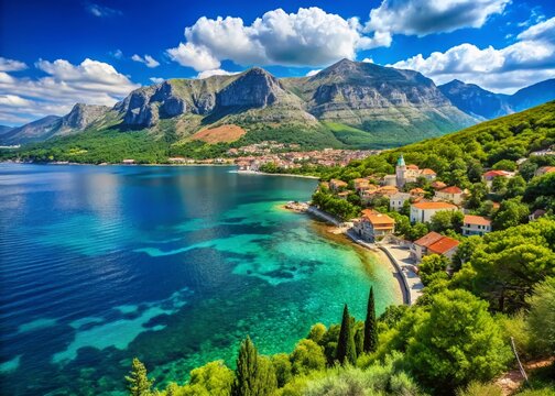 Scenic Coastal View of Orebic, Croatia with Clear Blue Waters and Lush Green Mountains in Summer