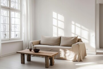 Fototapeta premium Photograph of a combination of modern Scandinavian interiors and mid-century modern interiors in a living room with a comfortable sofa. Generative AI 