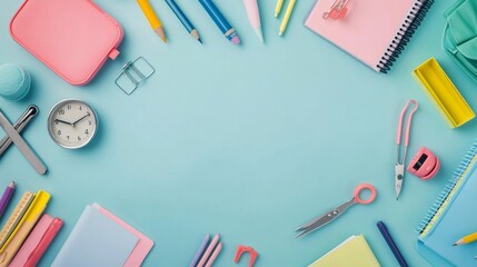Well-organized drawing station from top view: bright stationery, pencil case, pens, sketchbook, plasticine, stapler, scissors, plane shaped sharpener, clock on soft blue backdrop. Space for text or ad