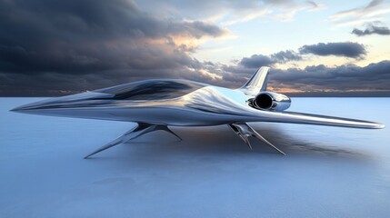 Fototapeta premium A gleaming, futuristic airplane stands as the pinnacle of advanced engineering, its sleek and polished surface reflecting light from every angle. Designed with precision and innovation, it is undoubte