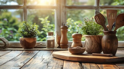 Kitchen wooden utensils and tool on wooden table top and blurred green garden outside the window background. Space for products and objects 