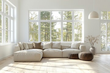 Fototapeta premium A modern living room with a soft white tone finish. A living room photo of a combination of Scandinavian interiors and mid-century modern interiors with comfortable sofas. Generative AI 