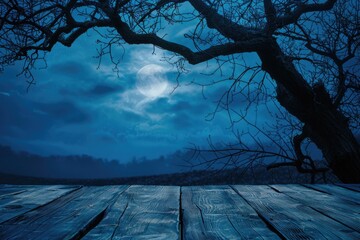 A wooden deck with a full moon shining down from the night sky