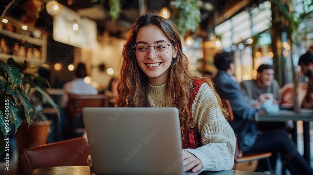 Sticker A young woman with curly hair smiles at the camera while working on a laptop in a cozy café filled with greenery and a lively atmosphere.