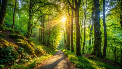 Obraz premium Scenic Hiking Path Through Lush Green Forest with Sunlight Filtering Through the Tree Canopy