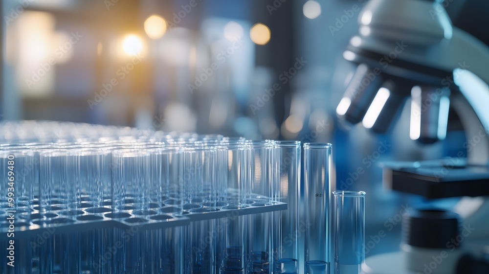 Poster close-up of test tubes in a laboratory setting with a microscope in the background