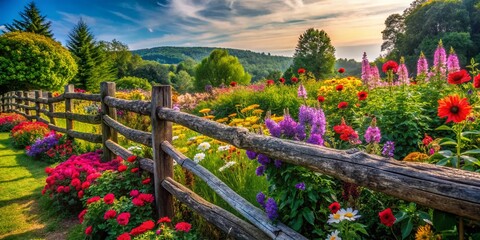 Fototapeta premium Scenic Landscape Ideas Featuring a Rustic Fence Surrounded by Lush Greenery and Vibrant Flowers