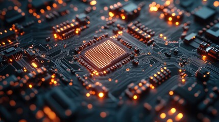 Obraz premium Close-up of a microchip with tiny circuits and glowing lights, showcasing the foundation of advanced technology.