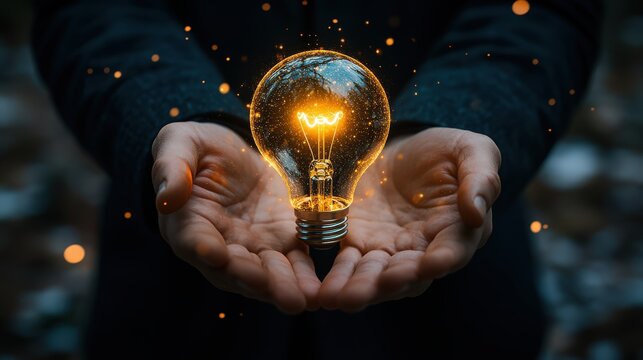 Businessman having an idea holding a lit light bulp. Business concept