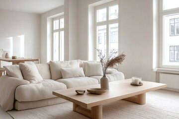 Photograph of a combination of modern Scandinavian interiors and mid-century modern interiors in a living room with a comfortable sofa. Generative AI
