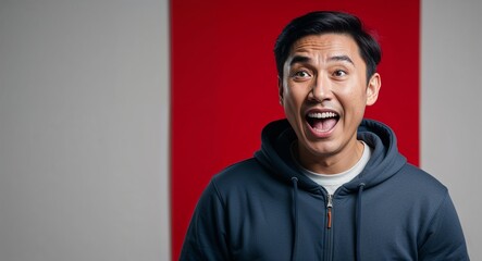 Excited middleaged Asian man with short hair wearing hoodie on plain red background