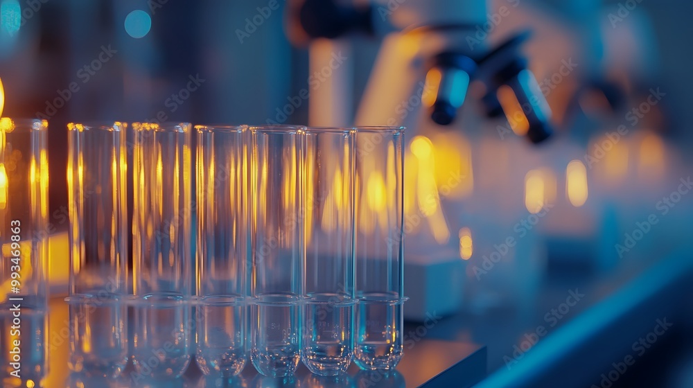 Aufkleber close-up of test tubes in a laboratory setting with a microscope in the background