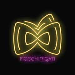 Glowing neon sign depicting the farfalle bow tie pasta shape on a black background