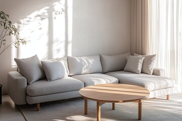 Photograph of a combination of modern Scandinavian interiors and mid-century modern interiors in a living room with a comfortable sofa. Generative AI
