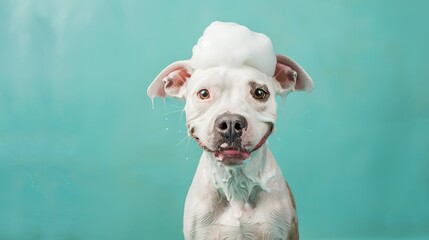 Obraz premium Dog with soap bubbles on its head, colorful background