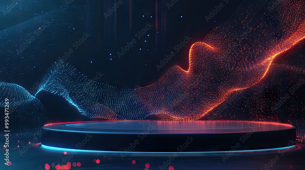 Poster digital ai art forms swirl around a minimalist tech podium, glowing with neural network designs in a