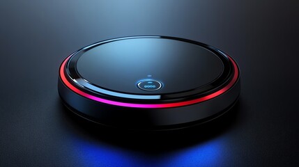 Smart robotic vacuum cleaner on a dark surface with illuminated edges.
