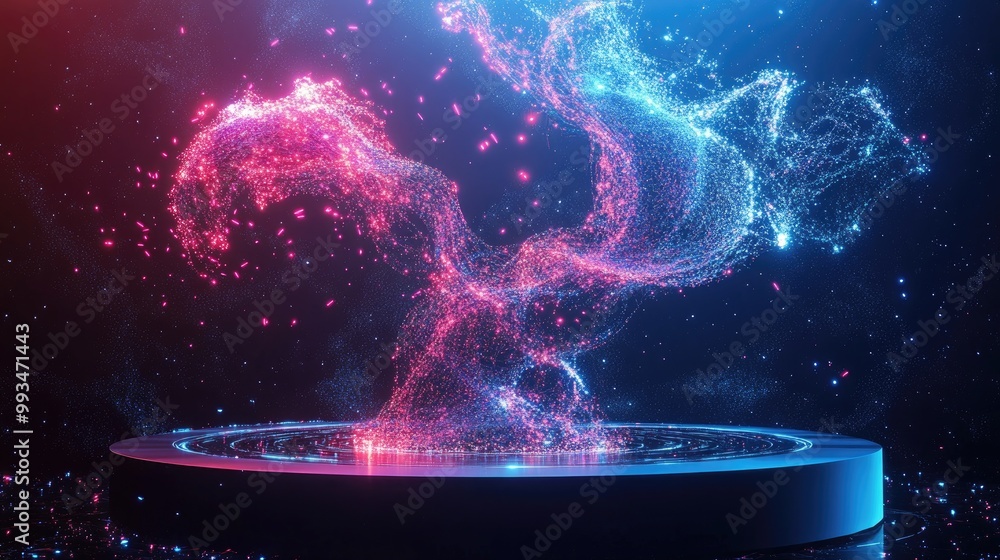 Poster digital ai art forms swirl around a minimalist tech podium, glowing with neural network designs in a