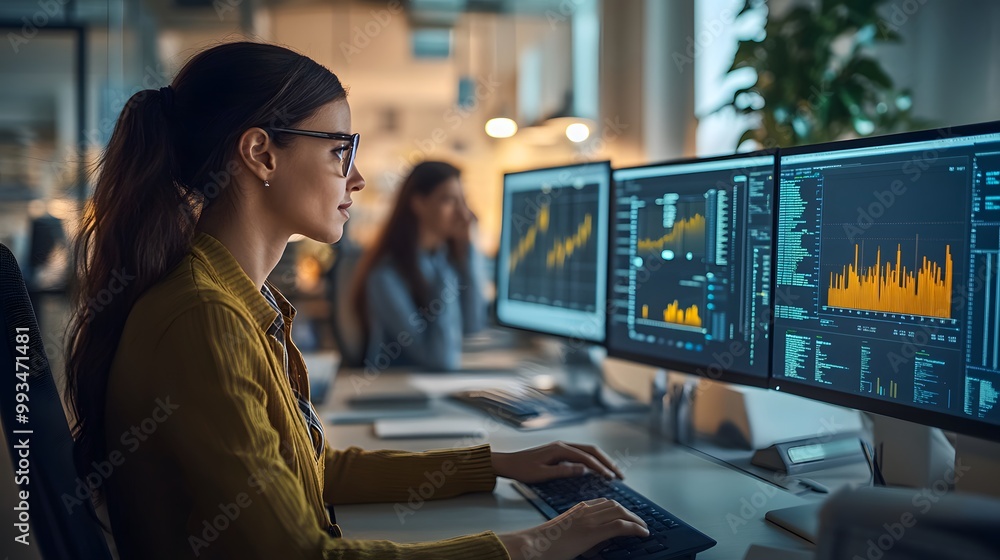 Poster businesswoman analyzing data on multiple computer monitors