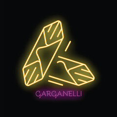 Yellow neon sign representing garganelli, a type of italian pasta, ideal for restaurant decoration or food related designs