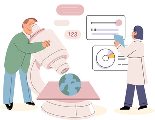 Scientific experiment. Vector illustration. Scientists examine and investigate various phenomena to understand their underlying principles Analysis data collected during experiments provides insights